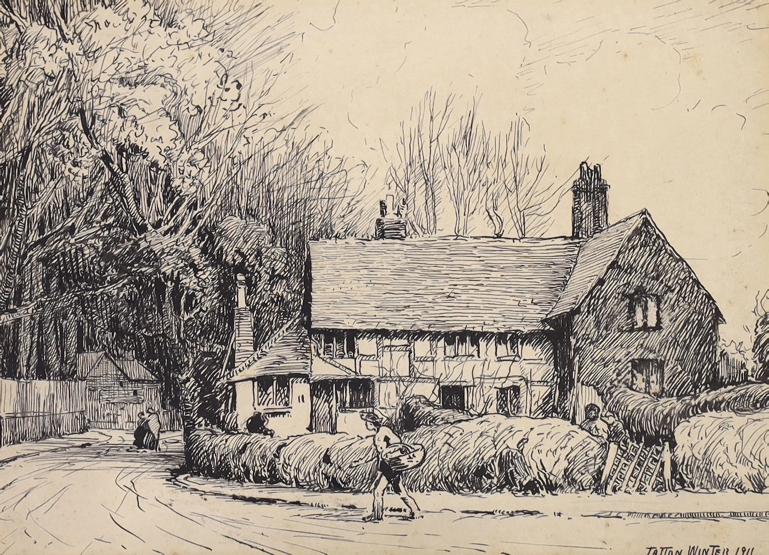 William Tatton Winter (1855-1928) pen and ink, Figures before a cottage, signed and dated 1911, 23 x 16cm